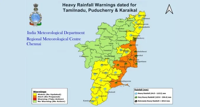 South India weather forecast map showing heavy rain zones