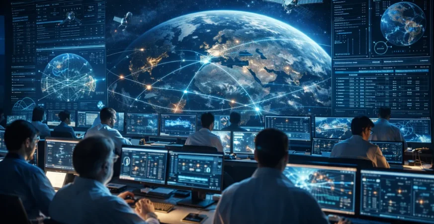 Space technology control center monitoring satellites and Earth data