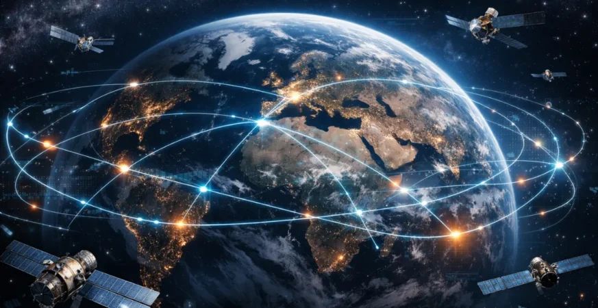 Future of Space showing satellites orbiting Earth with global connections