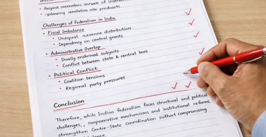 Structured government exam answer sheet with clearly written conclusion section and examiner marks