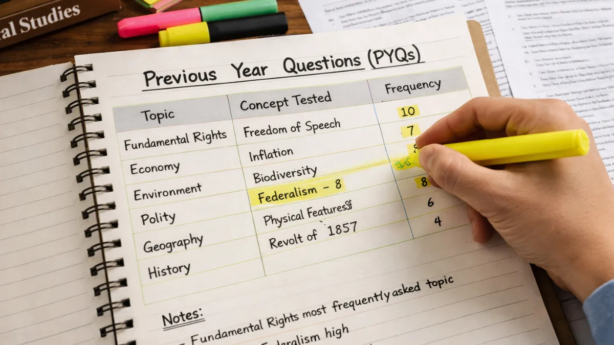 Student analyzing previous year questions and identifying exam patterns