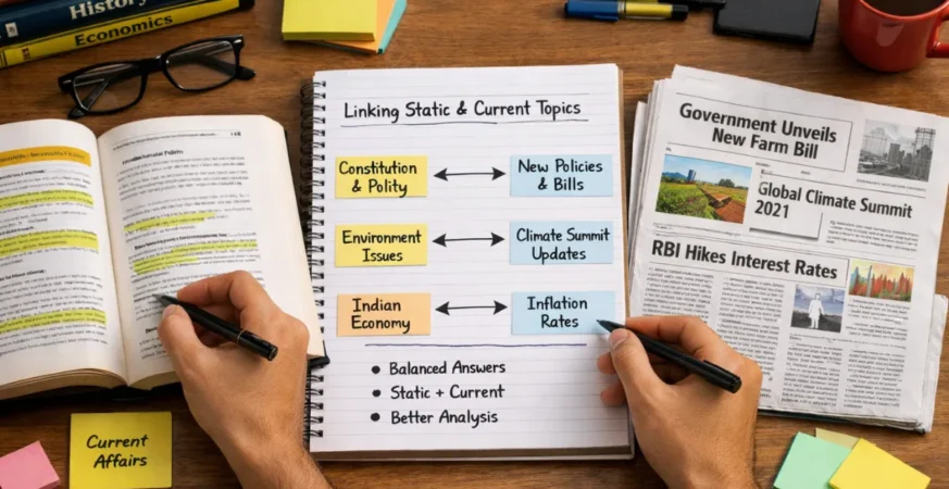 Student linking static subjects and current affairs while preparing for government exams using textbooks and newspaper notes.