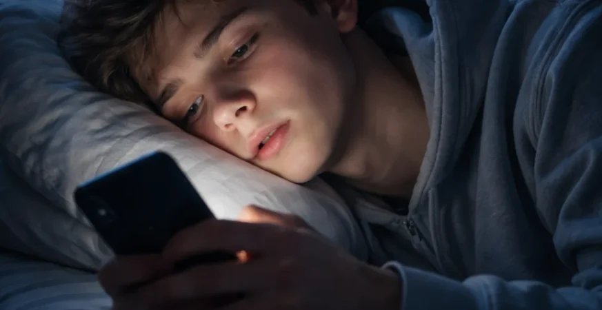 Teen scrolling social media at night showing brainrot effect and digital fatigue