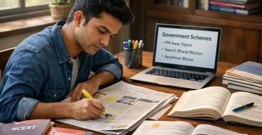 UPSC aspirant studying current affairs from newspapers and books to improve government exam answer writing (1)