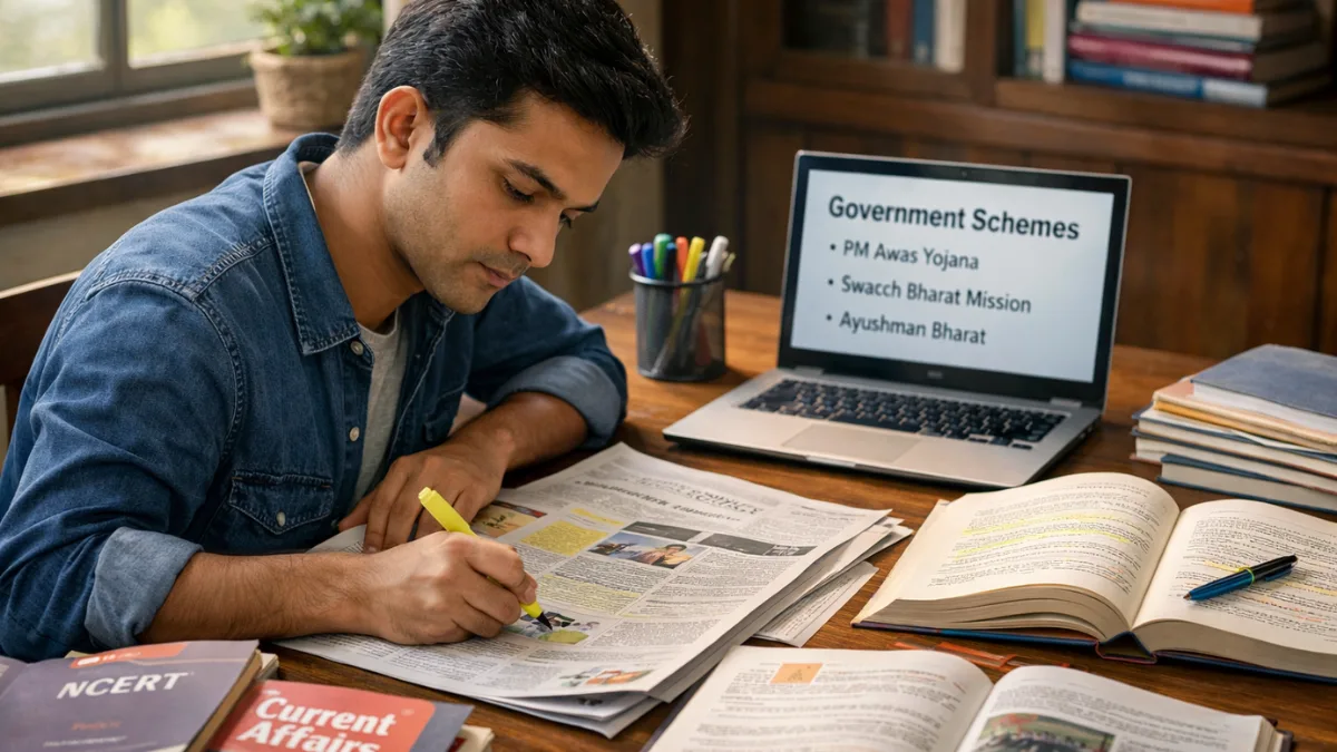 UPSC aspirant studying current affairs from newspapers and books to improve government exam answer writing (1)