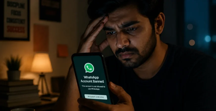 WhatsApp account banned notification on smartphone with worried user