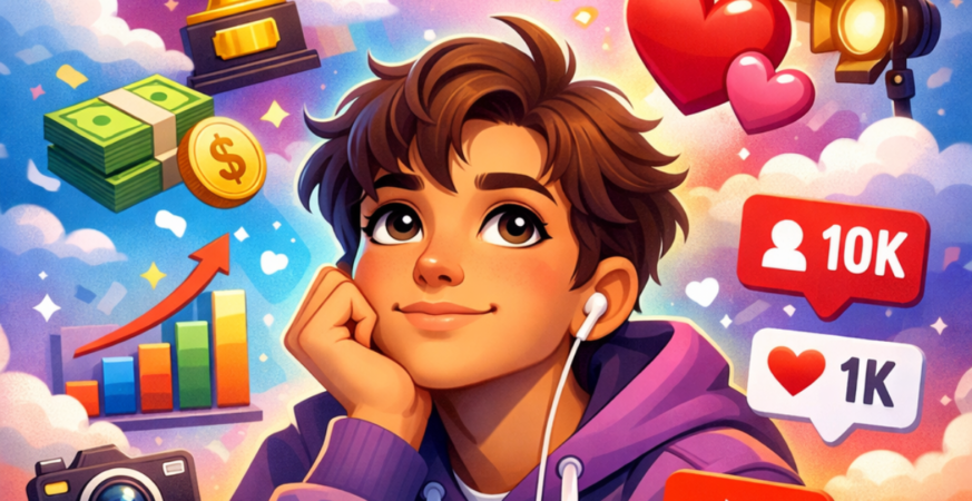 Young person imagining success and love in a delulu mindset illustration