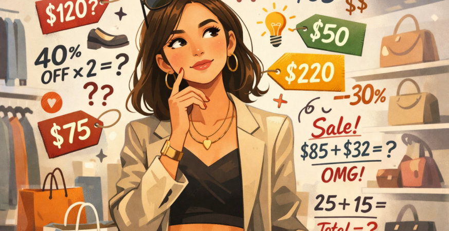 Young shopper using humorous Girl Math logic while deciding what to buy