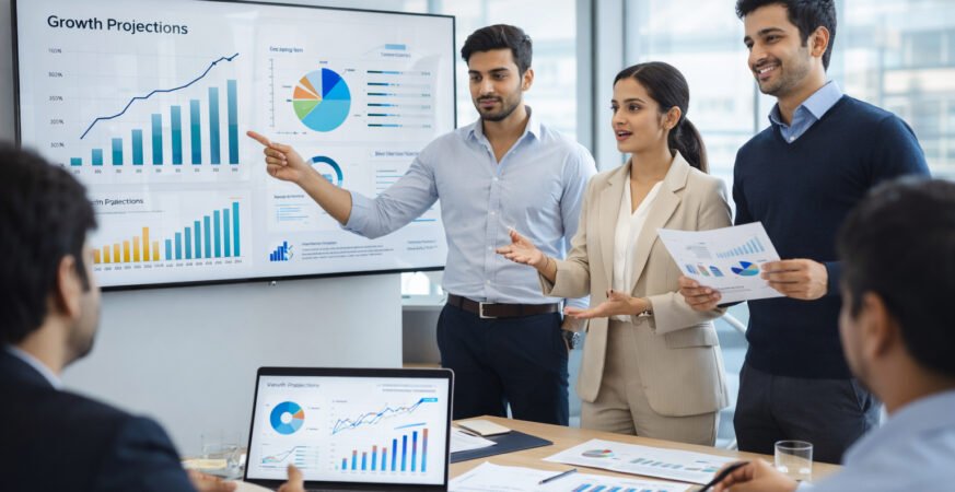Illustration explaining startup valuation in India with investors analyzing financial projections and growth charts