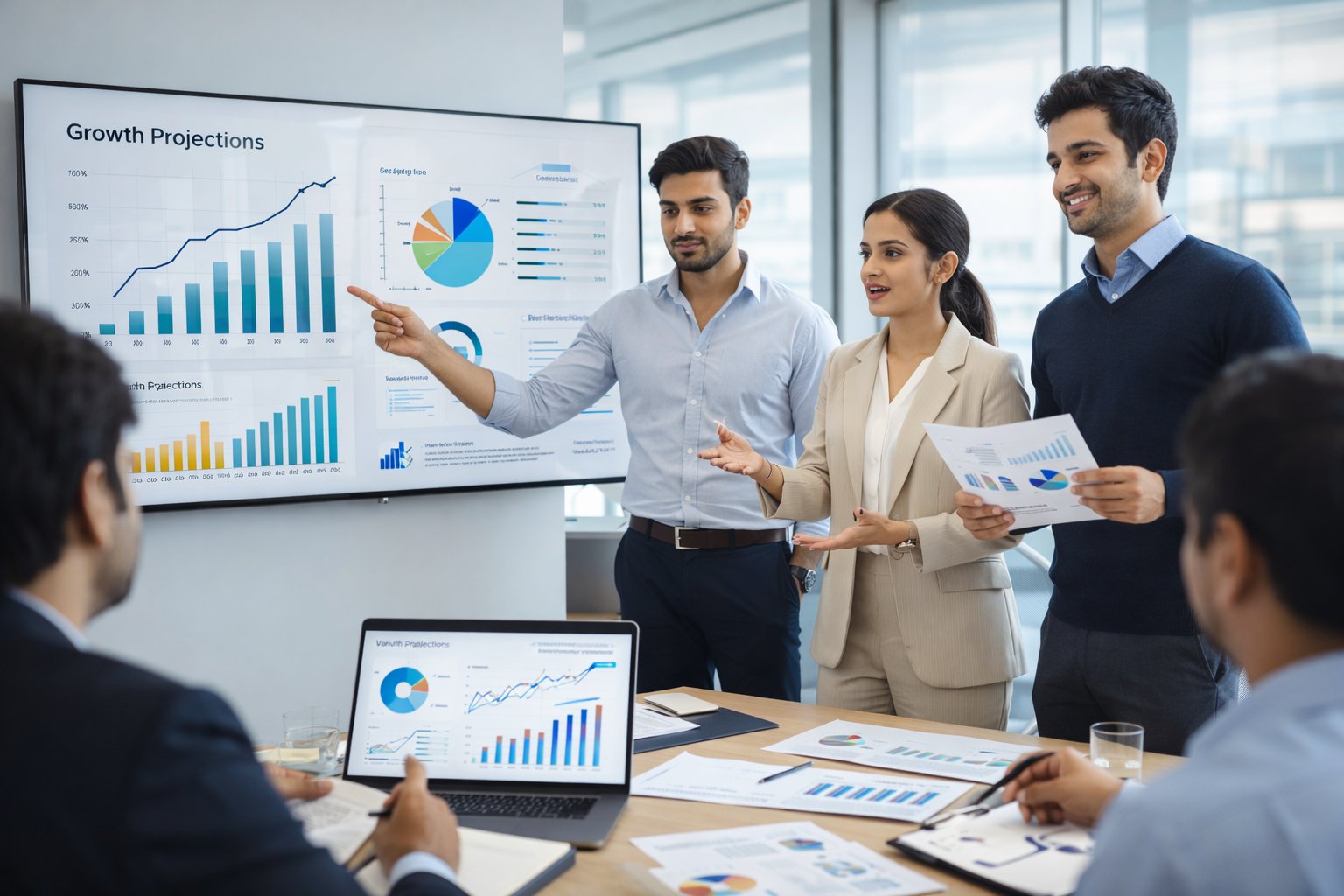 Illustration explaining startup valuation in India with investors analyzing financial projections and growth charts