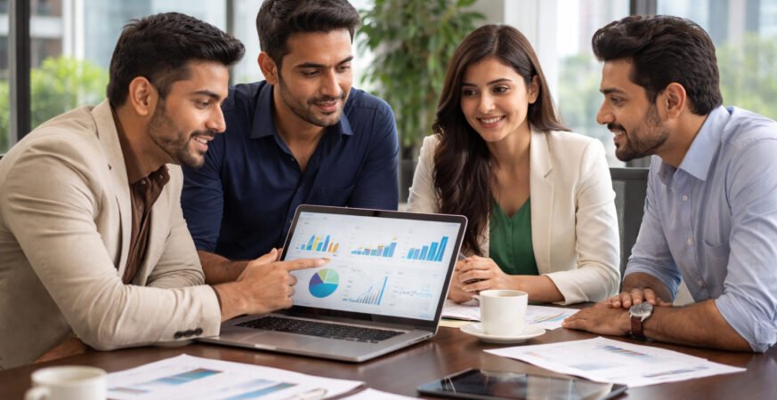 Startup founders discussing revenue and valuation strategy in a modern office in India