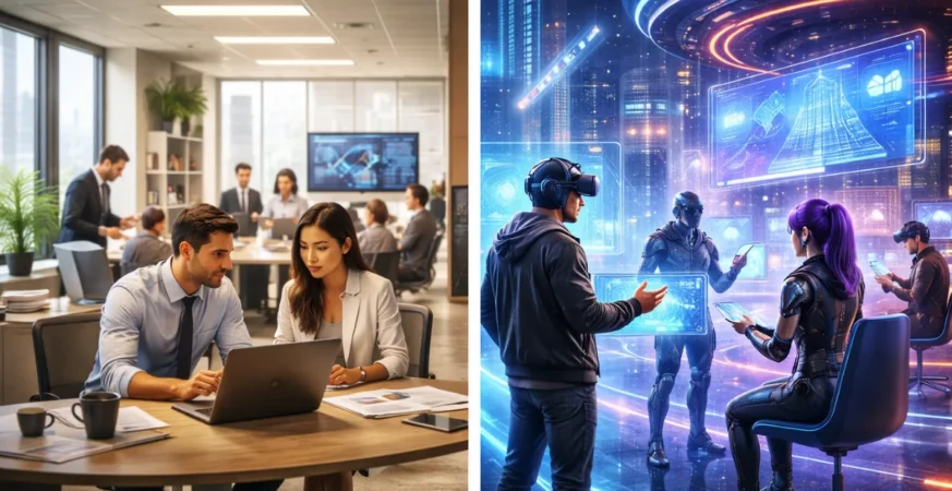 comparison of real office and metaverse workspace highlighting digital transformation