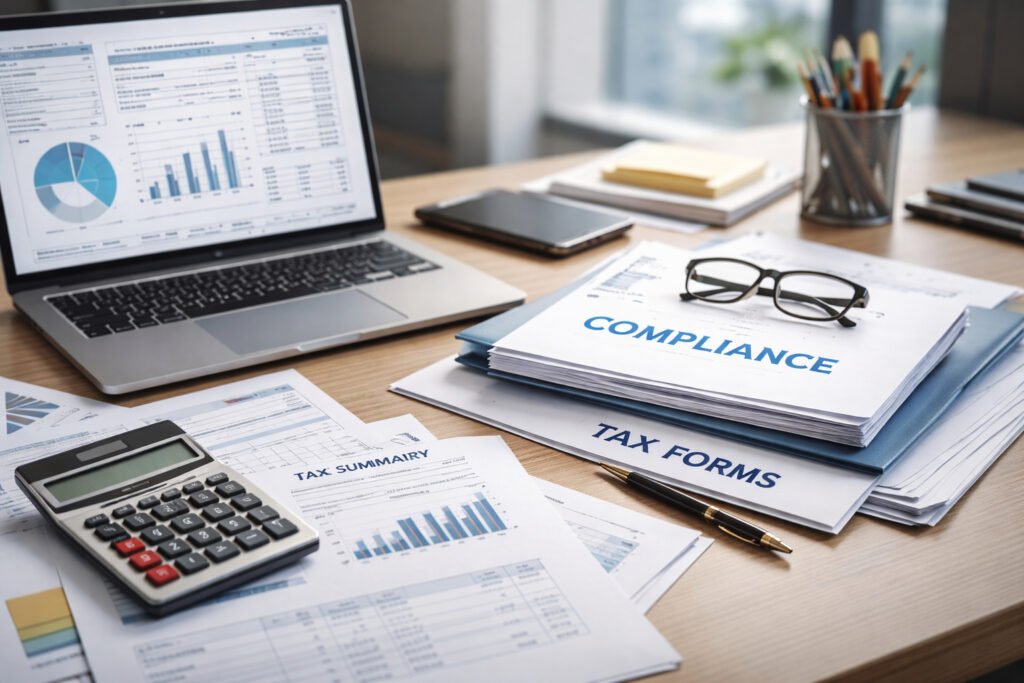 Close-up of startup compliance documents, financial reports, and laptop used for regulatory filings in India.