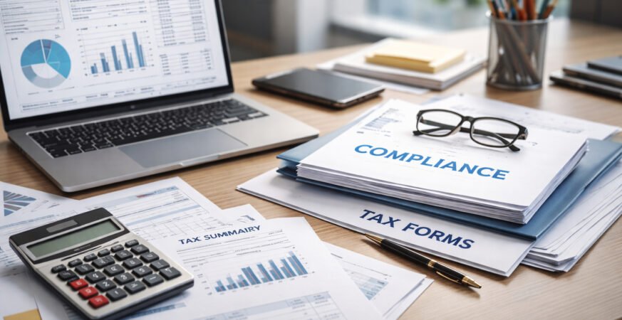Close-up of startup compliance documents, financial reports, and laptop used for regulatory filings in India.