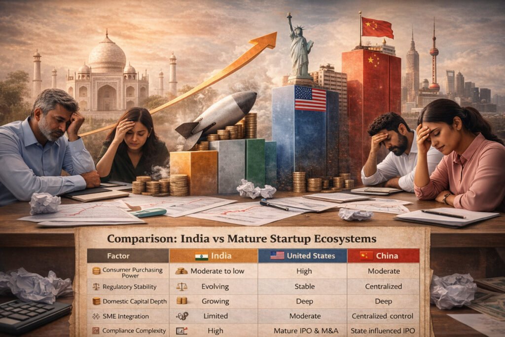 Comparison of India’s startup ecosystem with mature markets like the US and China across key structural factors.