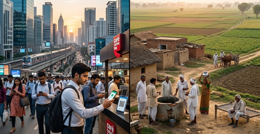 digital india reality showing urban and rural contrast with technology access