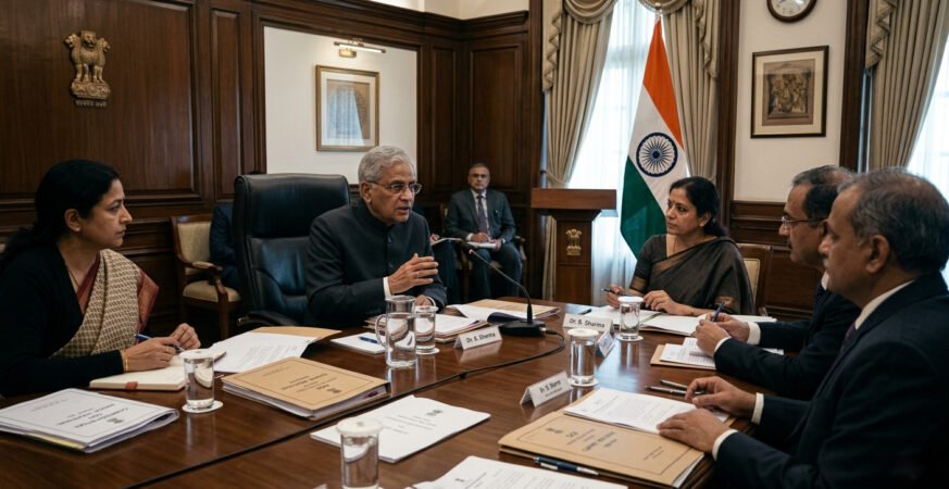 Political leaders and officials discussing Article 370 in a formal meeting setup