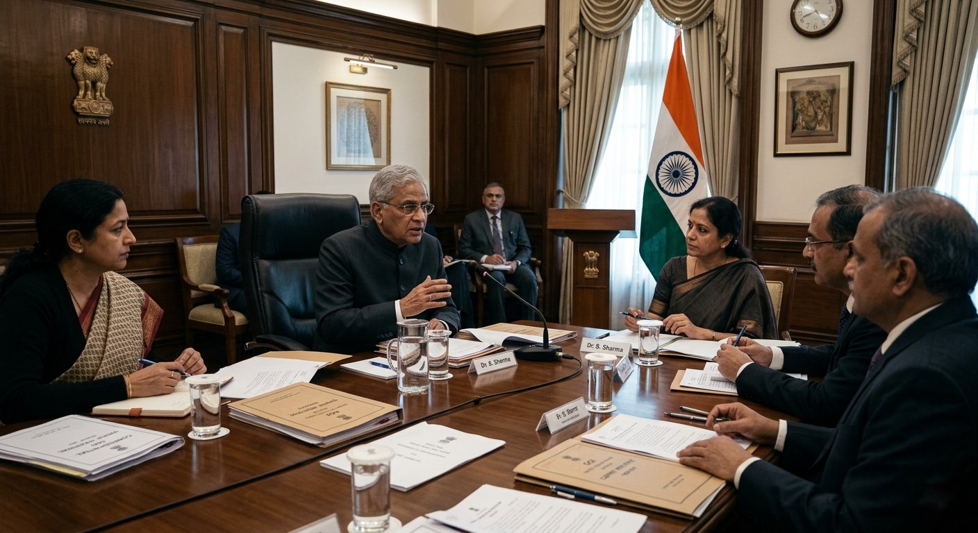 Political leaders and officials discussing Article 370 in a formal meeting setup