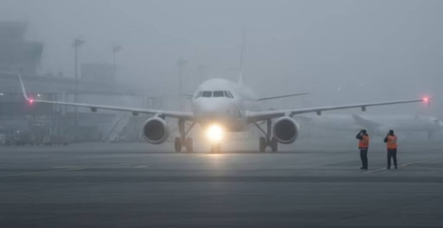 Dense winter fog reducing visibility at an Indian airport runway, causing flight delays