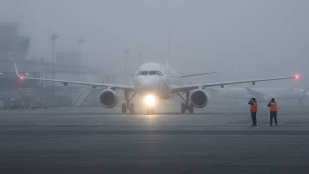 Dense winter fog reducing visibility at an Indian airport runway, causing flight delays