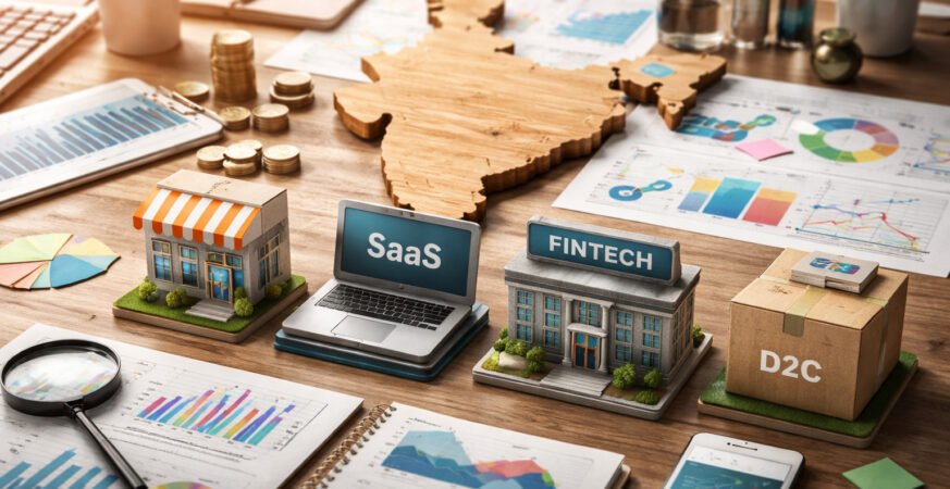 Startup models in India concept with SaaS, fintech and D2C miniatures around India map