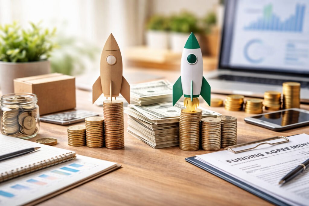 Bootstrapped vs Funded Startups comparison showing capital structure and growth pathways
