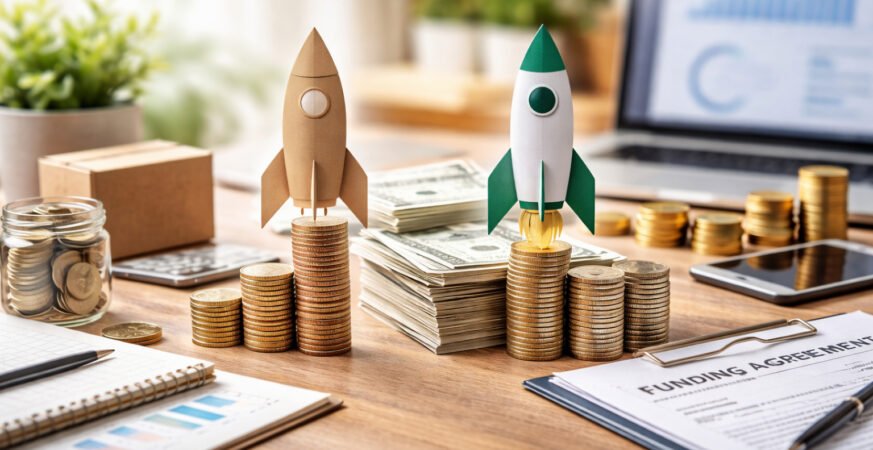 Bootstrapped vs Funded Startups comparison showing capital structure and growth pathways