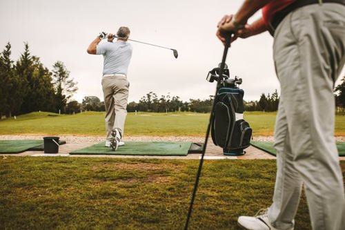 Golf clubs, shoes, and fitness gear representing a balanced active lifestyle