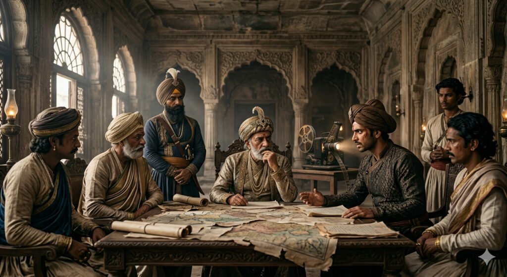 Indian historical movie scene depicting dramatic storytelling and propaganda examples India