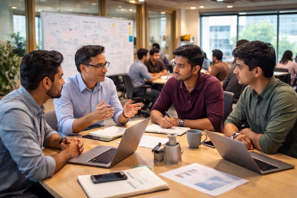 Startup founders receiving incubation support from experienced mentors inside an Indian startup incubator program.