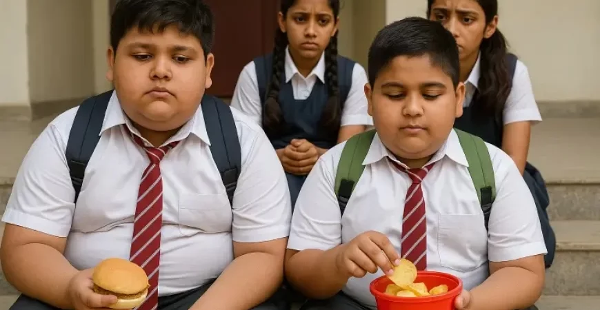 Indian school children eating fast food and sugary drinks, symbolizing rising childhood obesity