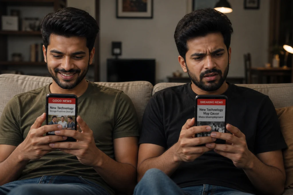 Two people sitting together viewing different news on their phones with contrasting reactions