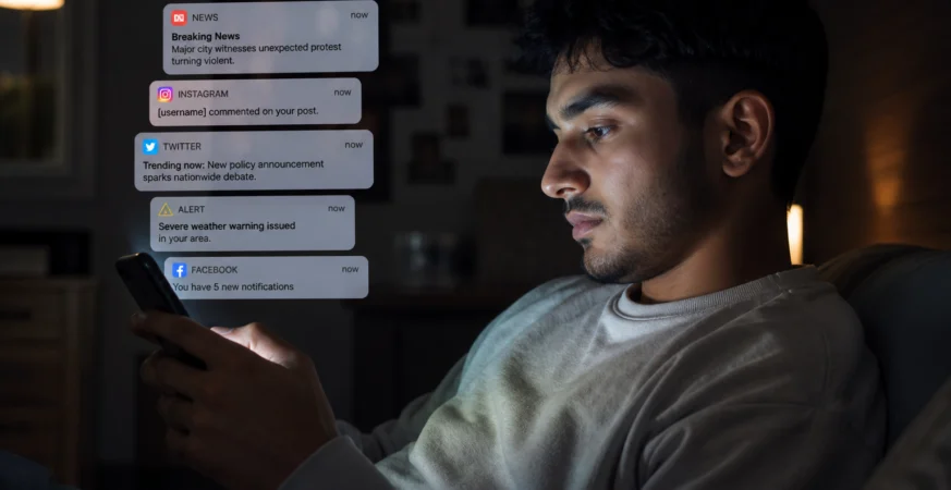 Young person using smartphone in a dim room with multiple news notifications on screen showing internet trust issues