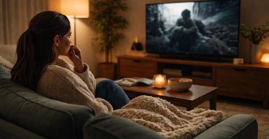 Individual watching a film thoughtfully at home reflecting on the Kashmir Files debate and its implications