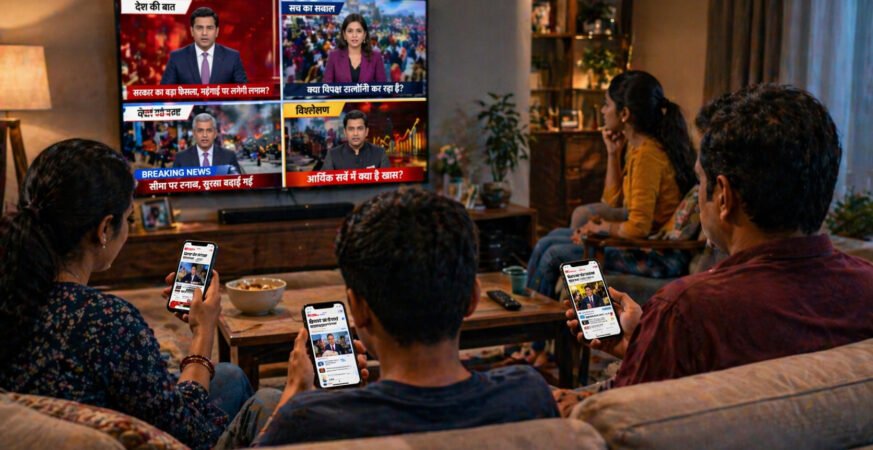 Indian audience watching different news channels on TV and mobile showing contrasting narratives highlighting media bias India