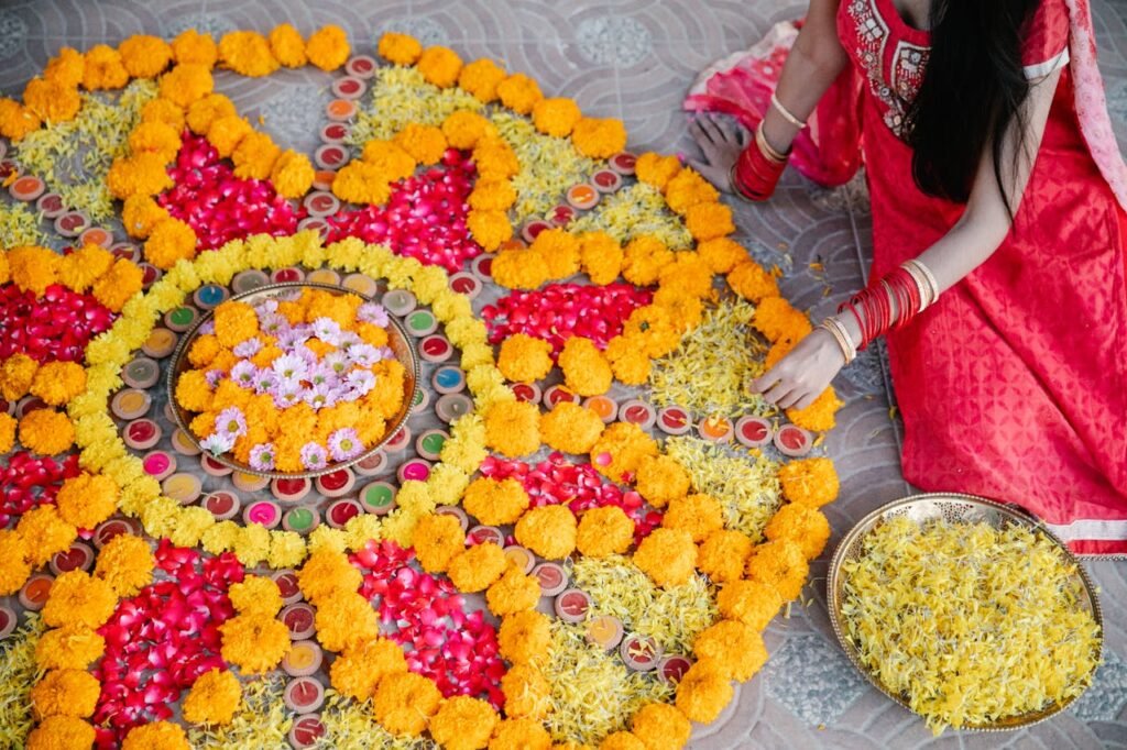 Eco-friendly Diwali home decorations made with paper lanterns and flowers