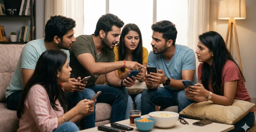 Young people discussing political movie opinions on social media using smartphones