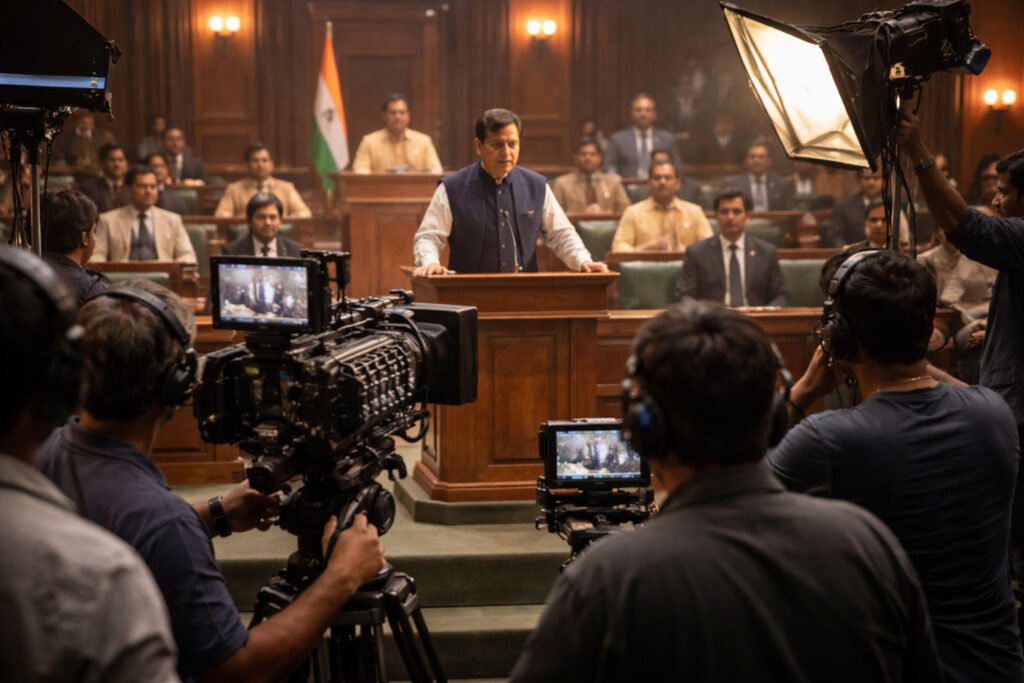 Film production setup with camera and crew shooting a political scene