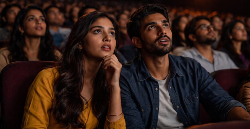 Audience watching a powerful movie scene showing how propaganda meaning in movies influences emotions