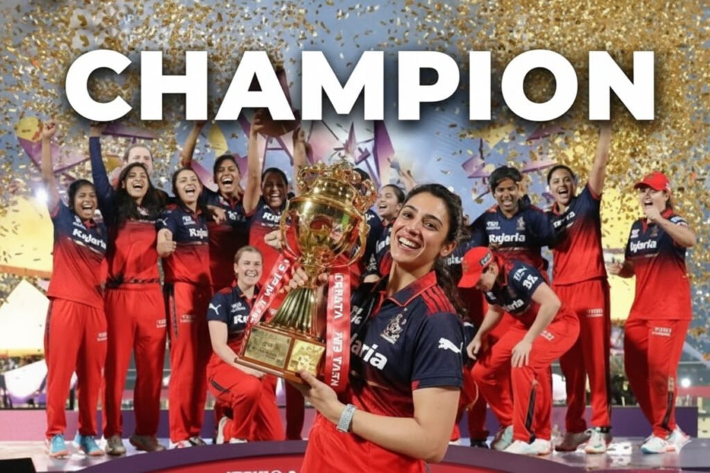 RCB women’s team lifting the WPL 2026 trophy after historic victory
