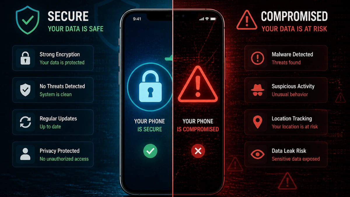 secure vs hacked phone cybersecurity safety comparison illustration