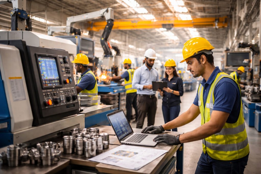 Indian manufacturing sector with workers and machinery representing Atmanirbhar Bharat initiative