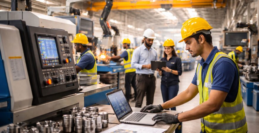 Indian manufacturing sector with workers and machinery representing Atmanirbhar Bharat initiative