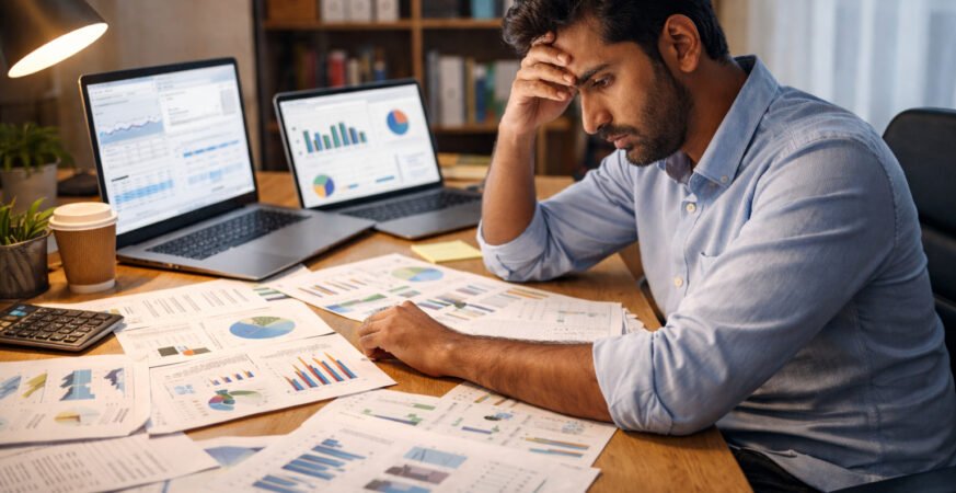 Indian startup founder working late at night reviewing financial data and business metrics, representing founder burnout in India.
