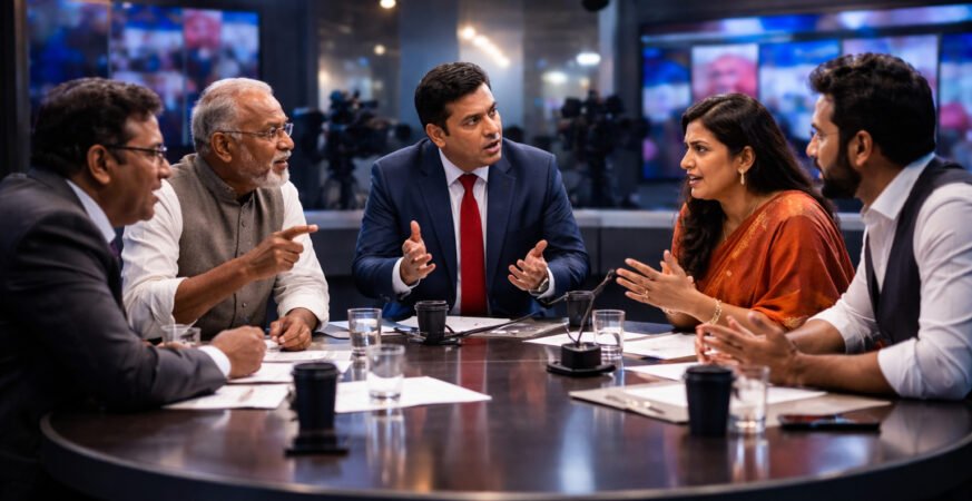 Indian media debate panel discussing Kerala Story controversy with multiple viewpoints and public reactions