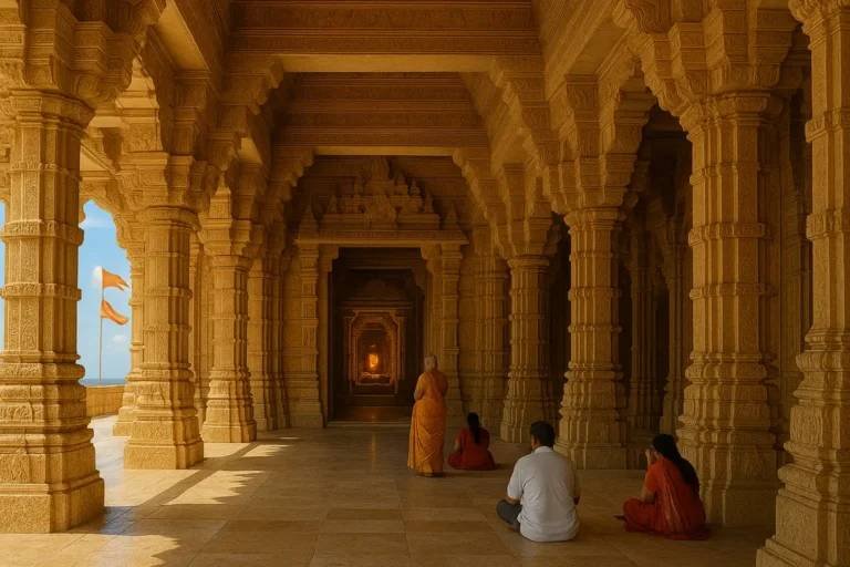 Devotees offering prayers at Somnath Temple during pilgrimage in Gujarat