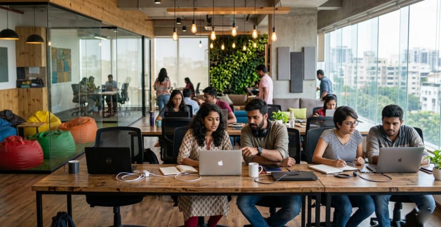 Startup India scheme impact showing entrepreneurs working in modern Indian startup office