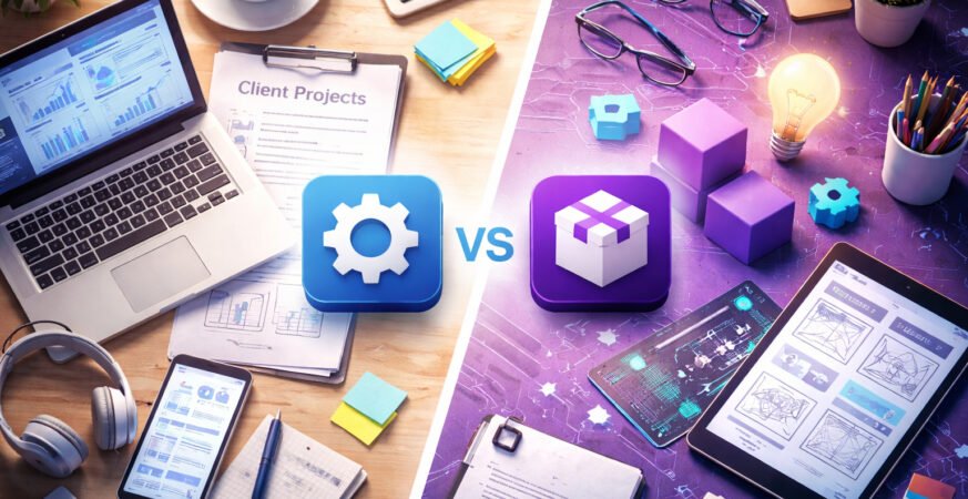 Service vs Product Startup Model in India visual comparison showing workspace setup for client services and product development environments